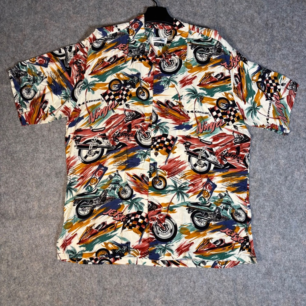 Island Connection Kawasaki Hawaiian Shirt Mens L Vintage USA Camp Ninja Jetski